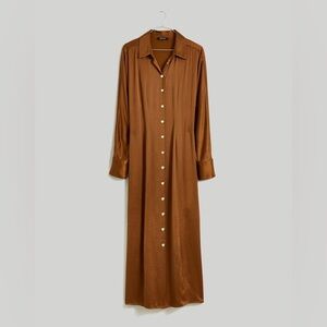 Madewell Satin Button-Front Midi Shirtdress in Dried Cedar Brown Size 12 Classic
